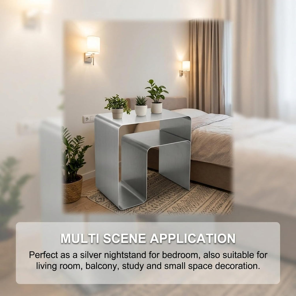 Stainless Steel Side Table, Modern End Table with Double Storage, One-Piece Forming Design, No Assembly, Silver Accent Table for Living Room Bedroom Balcony (2.0 Thickness)