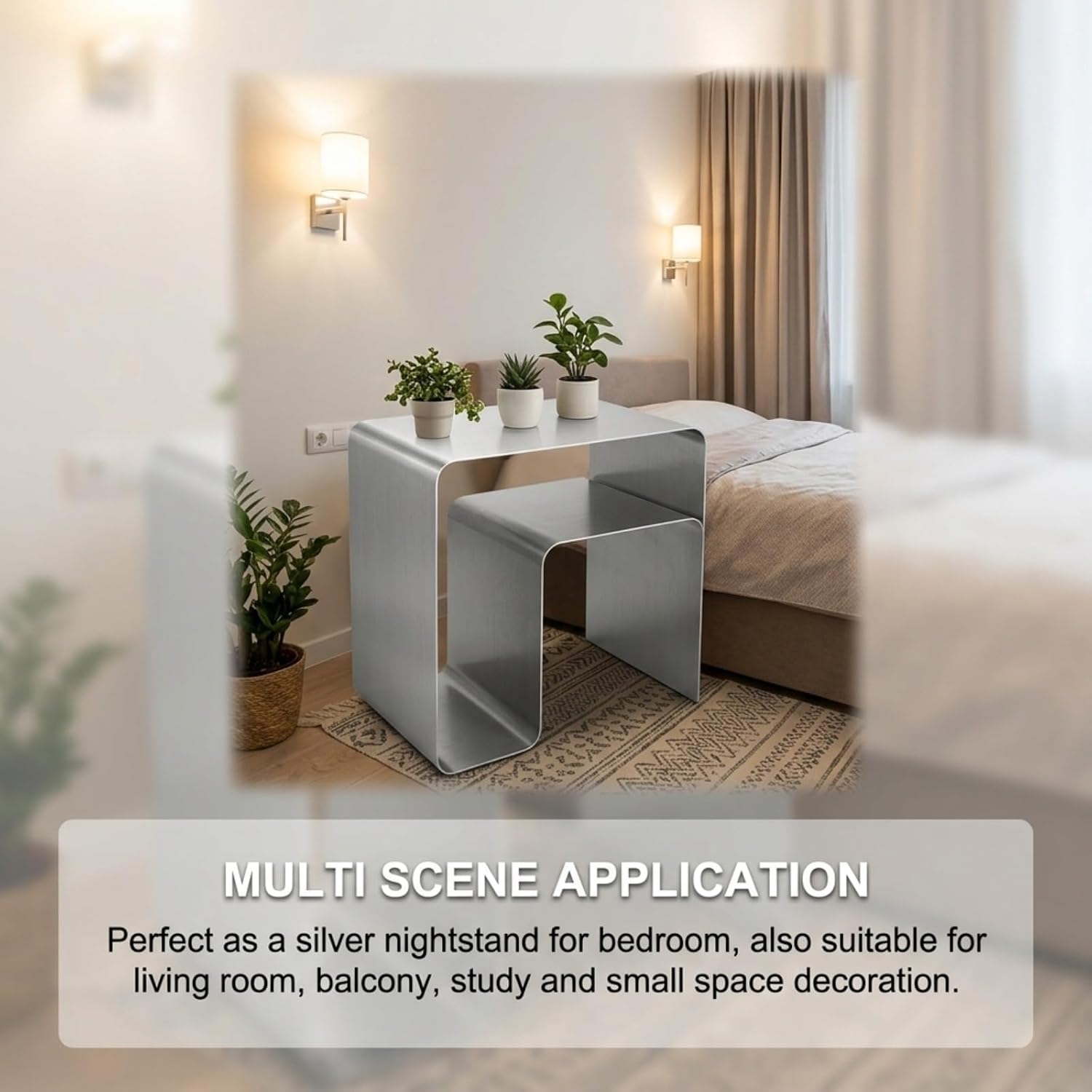 Stainless Steel Side Table, Modern End Table with Double Storage, One-Piece Forming Design, No Assembly, Silver Accent Table for Living Room Bedroom Balcony (2.0 Thickness)
