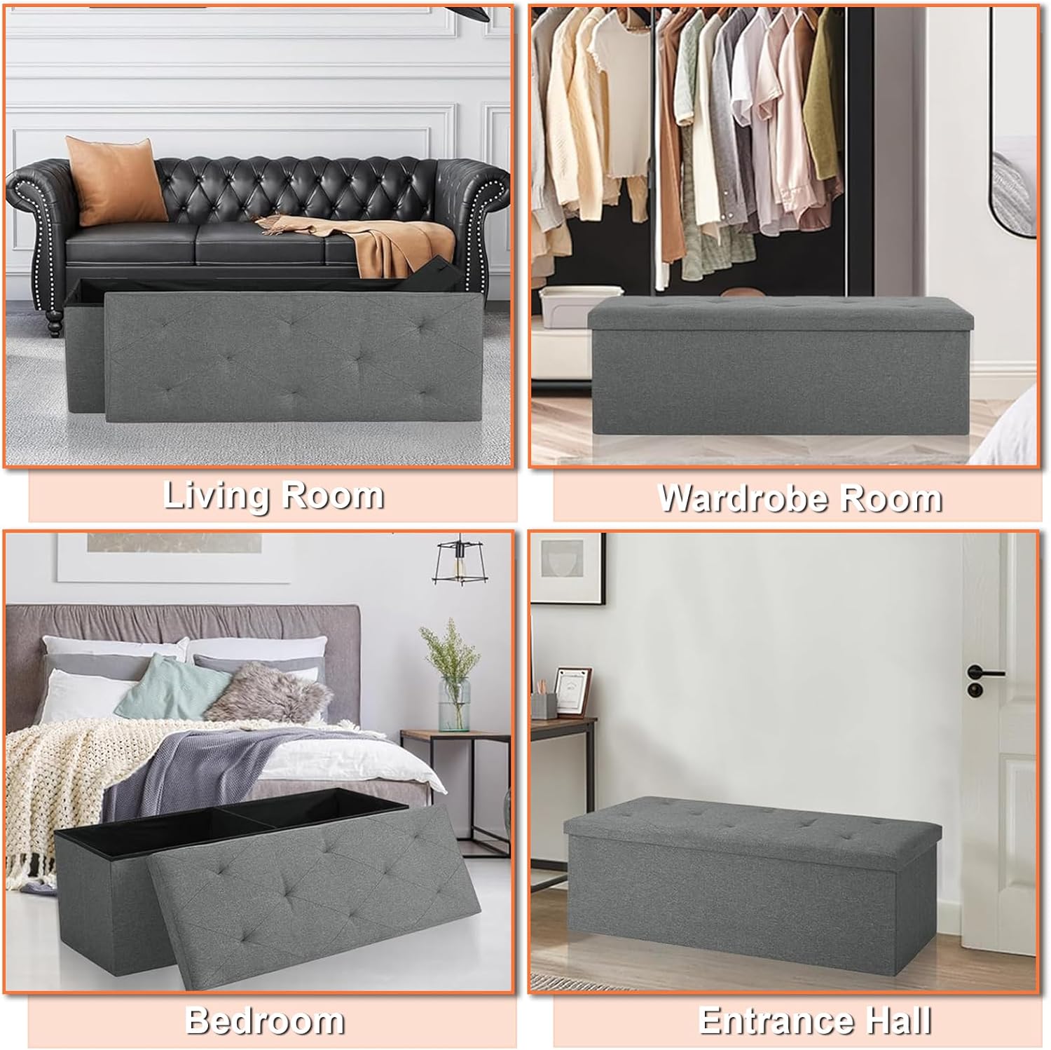 30 inch Storage Ottoman Bench, 30 inch Folding Storage Bench Ottoman, for Bedroom, Living Room, and Utility Room, Grey (30'' W)