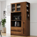 Tall Kitchen Hutch Cabinet with Pull-out Shelves, Storage Drawers, Glass Doors Freestanding Cable Management Pantry Large Kitchen Cupboard for Dining Room with Microwave Countertop Walnut Finish