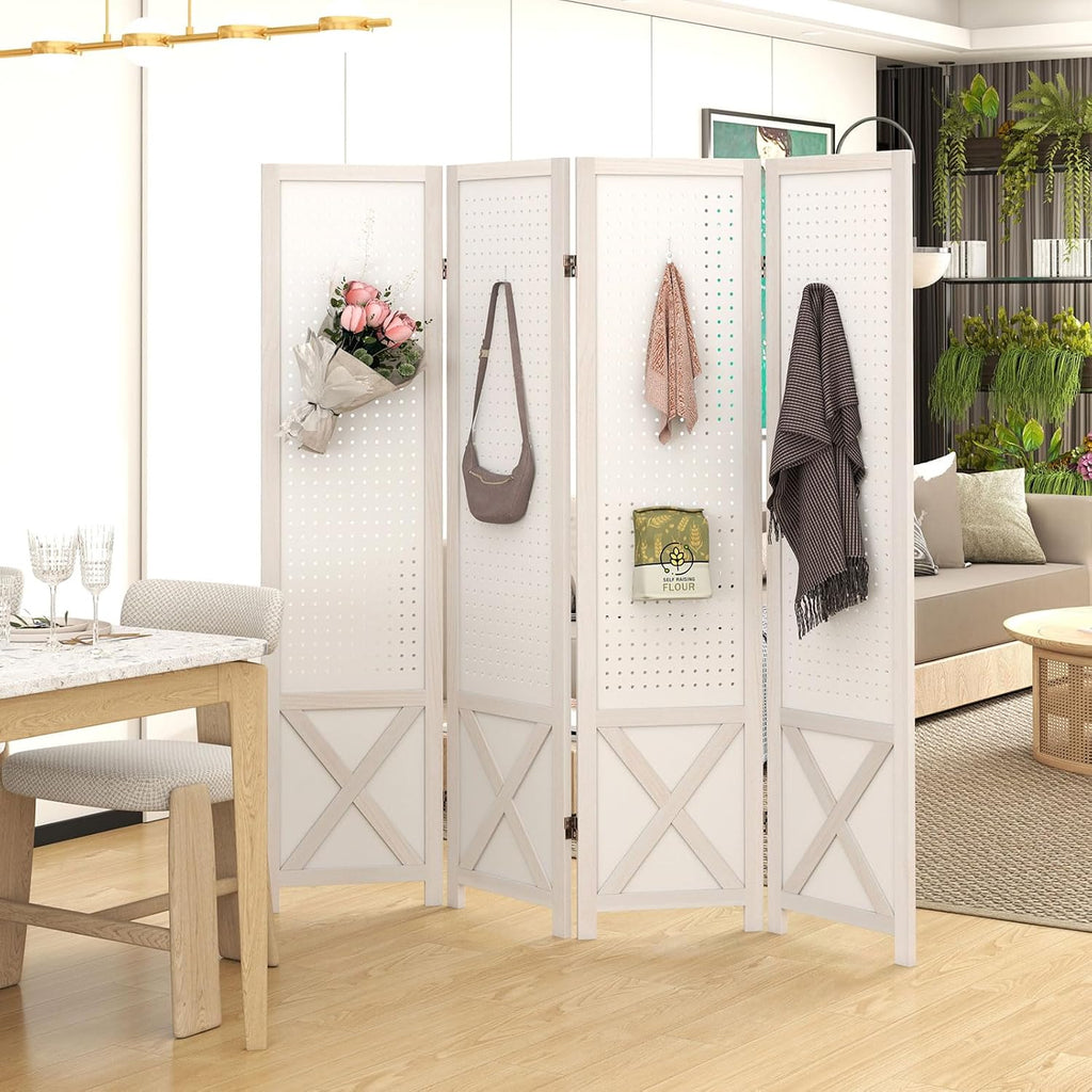 GOFLAME 4 Panel Pegboard Freestanding, 5.6 FT Display Stand with Solid Wood Frame, Foldable Privacy Screen, Room Separator, Display Board Organizer for Retail, Craft Show, White