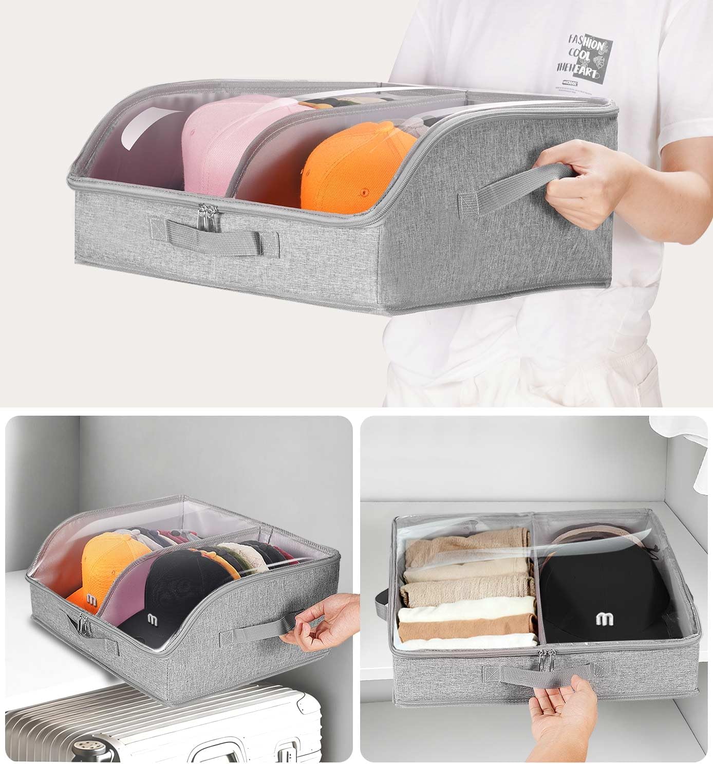 Hat Organizer for Baseball Caps, 2 Compartments Clear Window Hat Storage Box for Closet Hold Up to 24 Caps, Hats Holder Container with Sturdy Cardboard for Home Storage | Gray