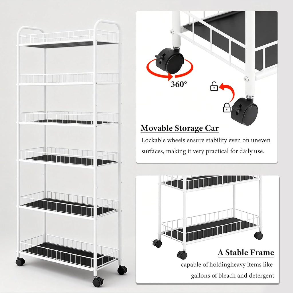 10in Slim Storage Cart, Metal 6-Tier Narrow Rolling Shelf, Sturdy Slim Storage with Hooks Ideal for Kitchen, Bathroom, and Laundry Room (10in White)