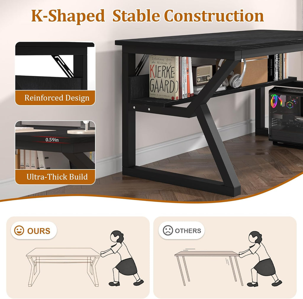 55 inch Computer Desk with Storage Shelf, K-Shaped Office Desk with Sturdy Metal Frame, Writing Gaming Work Desk with Waterproof Surface for Home Office & Bedroom, Black
