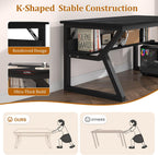 55 inch Computer Desk with Storage Shelf, K-Shaped Office Desk with Sturdy Metal Frame, Writing Gaming Work Desk with Waterproof Surface for Home Office & Bedroom, Black