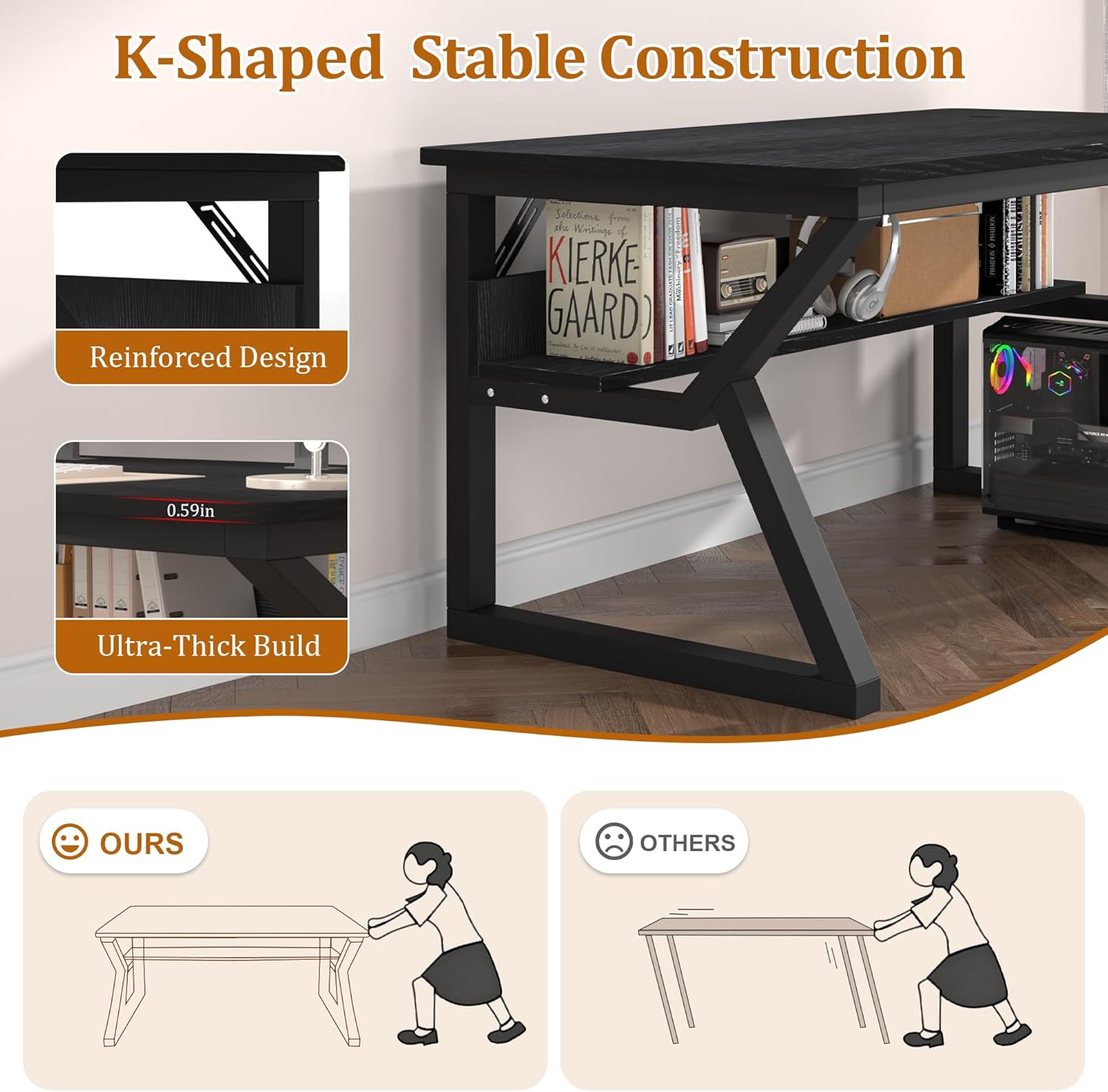55 inch Computer Desk with Storage Shelf, K-Shaped Office Desk with Sturdy Metal Frame, Writing Gaming Work Desk with Waterproof Surface for Home Office & Bedroom, Black