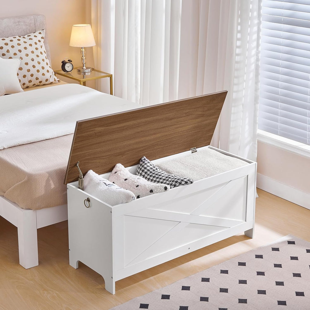 MAHANCRIS 39.4" Toy Chest, Sturdy Entryway Storage Chest with Safety Hinges, Retro Toy Box, Wooden Look Accent Furniture for Living Room, Bedroom, White+Walnut SCBZ48101