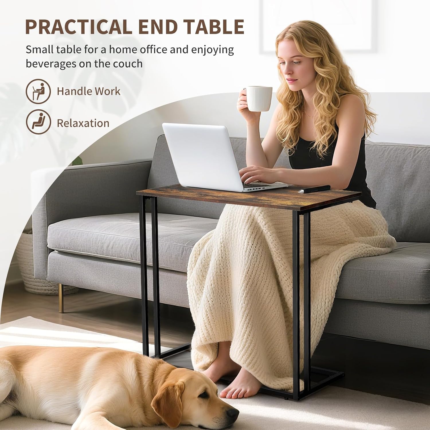 C-Shaped Side Table, Modern End Table with Metal Frame, Space Saving Design for Living Room，Large Surface Couch Table for Bedroom, and Home Office，24 x 12 x 24 inches (Brown)