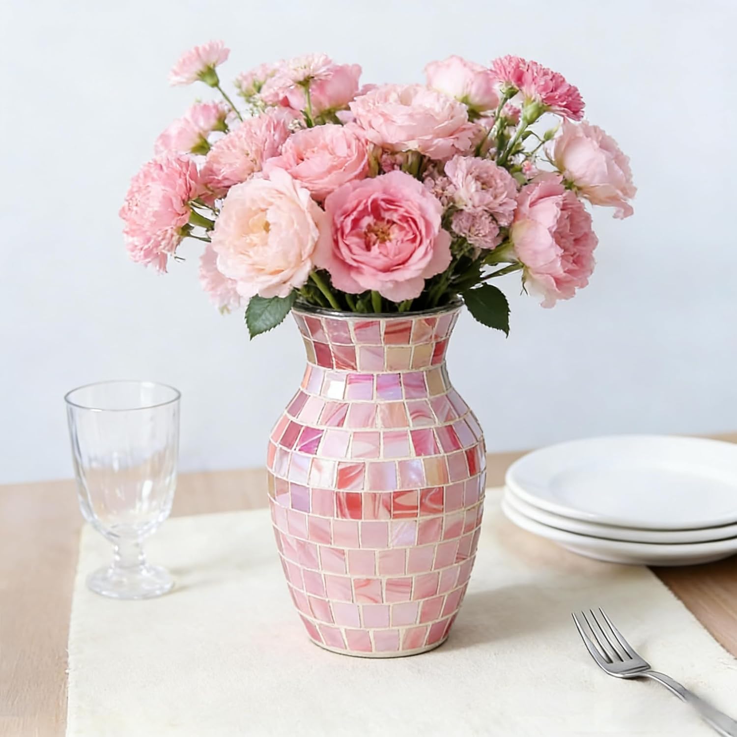Pink Glass Vases for Flowers, Mosaic Vases Home Decor Glitter Handmade Modern Decorative Flower Holder for Home Table Decor Vase for Centerpieces Perfect for Office Living Room Banquet Wedding Gift