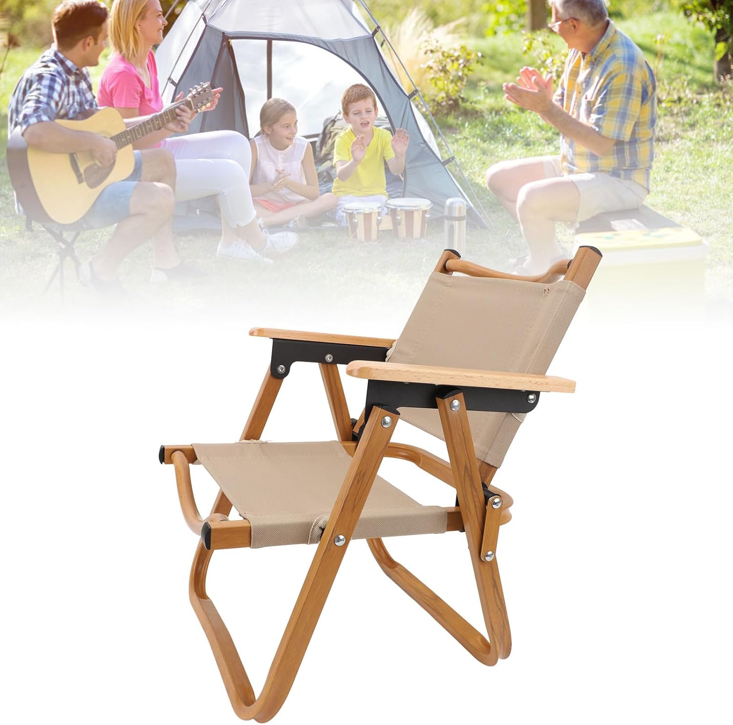 Zopsc Kids Folding Camping Chair, Portable Children Camp Chair with Aluminum Frame Wood Grain Canvas, Outdoor Toddler Seat for Beach