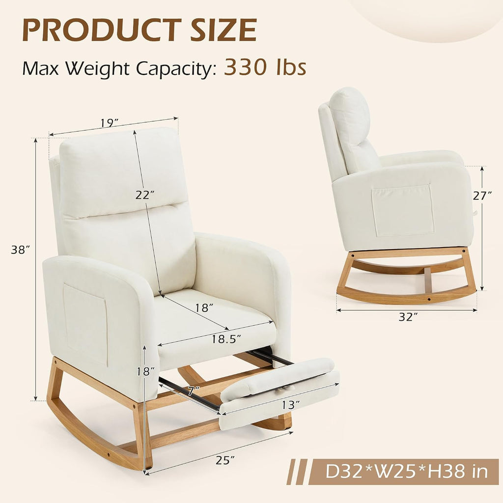 AVAWING Nursery Rocking Chair with Footrest,Upholstered, Side Pocket,Beige