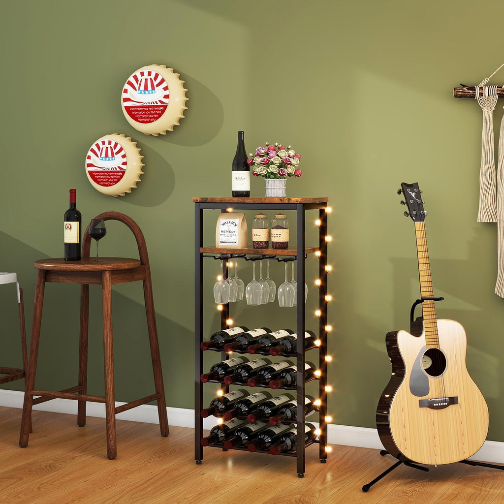 IBUYKE Wine Racks Freestanding Floor,Liquor Bottle Holder,16 Bottles Wine Cabinet with Glass Holder,Wine Holder Display,Mini Wine Bar Table for Living Room,Kitchen Pantry,Dining Room,Brown UTMJ907H