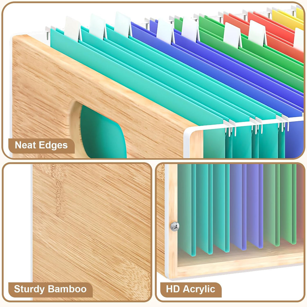 Sbanmao 2 Pack Hanging File Organizer, Clear Acrylic File Box Organizer, Bamboo Filing Box File Crate Storage Boxes, Portable Filing Organizer with Handle for Letter Size