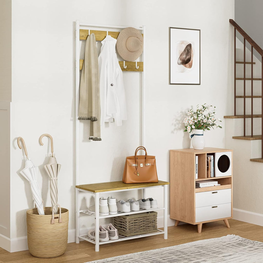 Hall Tree with Bench and Shoe Storage, 3-in-1 Coat Rack Shoe Bench, Freestanding Wooden Coat Rack with Metal Frame, 3-Tier Storage Shelf and 9 Removable Hooks, White/Walnut