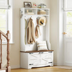 HOOBRO Hall Tree with Bench, Entryway Bench with Coat Rack and Shoe Cabinet, Flip Drawers, Farmhouse Hall Tree with Shoe Organizer, Mud Room, White and Walnut WH85MT01