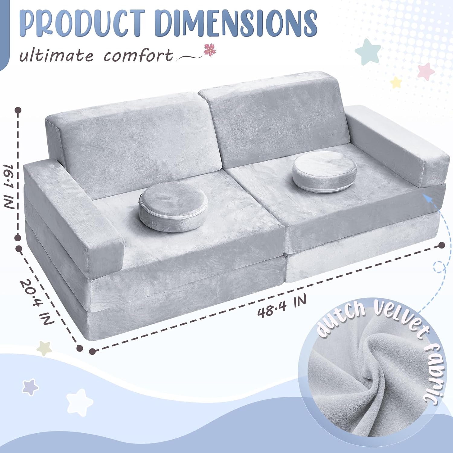 whiffee 10Pcs Kids Play Couch,Toddler Sofa,Modular Kids Couch for Playing, Creativing, Sleeping (Grey)