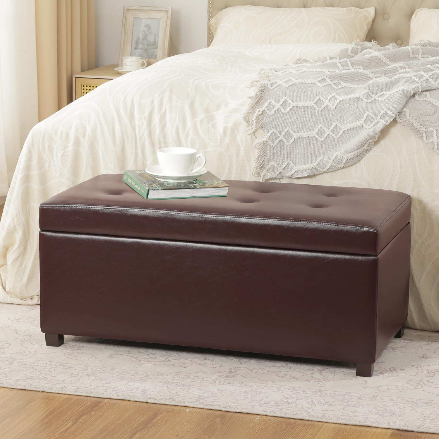 38" Leather Storage Ottoman for Living Room, Rectangular Tufted Storage Bench for Foot, Bright Brown