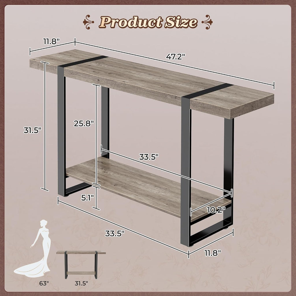 Huuger 47.2 Inch Entryway Table, 2-Tier Industrial Console Sofa Table with Storage, Accent Table, for Entry, Hallway, Entrance, Foyer, T-Shaped Metal Frame, Grey