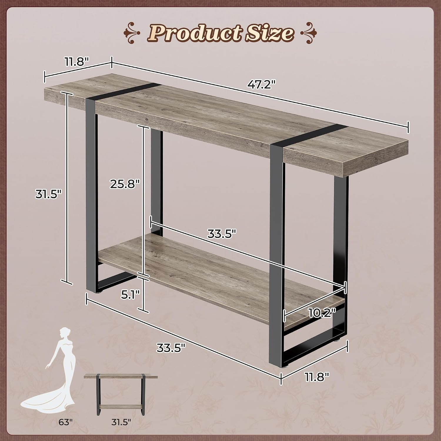 Huuger 47.2 Inch Entryway Table, 2-Tier Industrial Console Sofa Table with Storage, Accent Table, for Entry, Hallway, Entrance, Foyer, T-Shaped Metal Frame, Grey