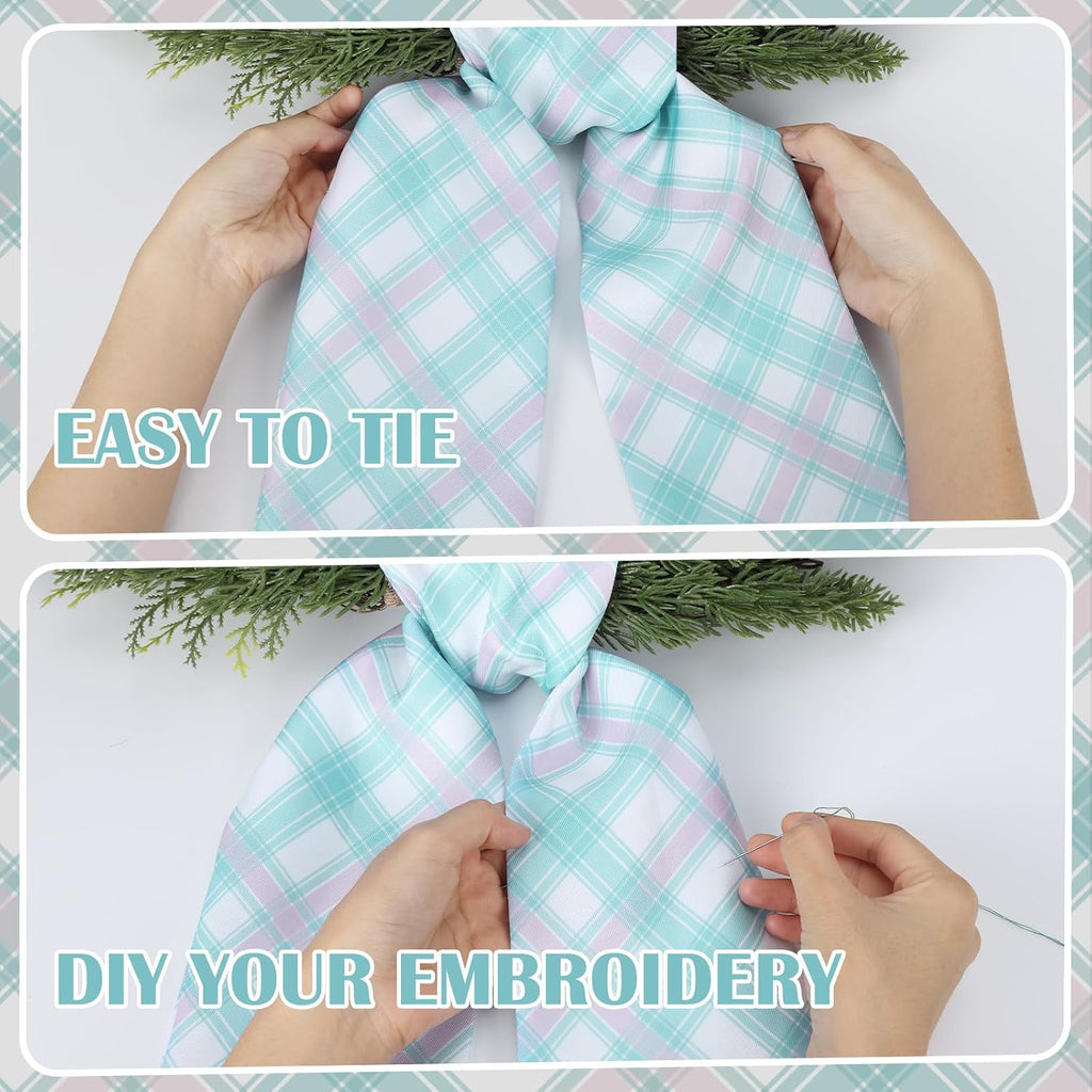 Spring Wreath Sash for Front Door - 2 Pcs Plaid Welcom Wreath Sashes with Flowers for Farmhouse Home Decor, 60 Inch Rustic Green Pink Wreaths Sash for Doorway Yard Indoor Outdoor