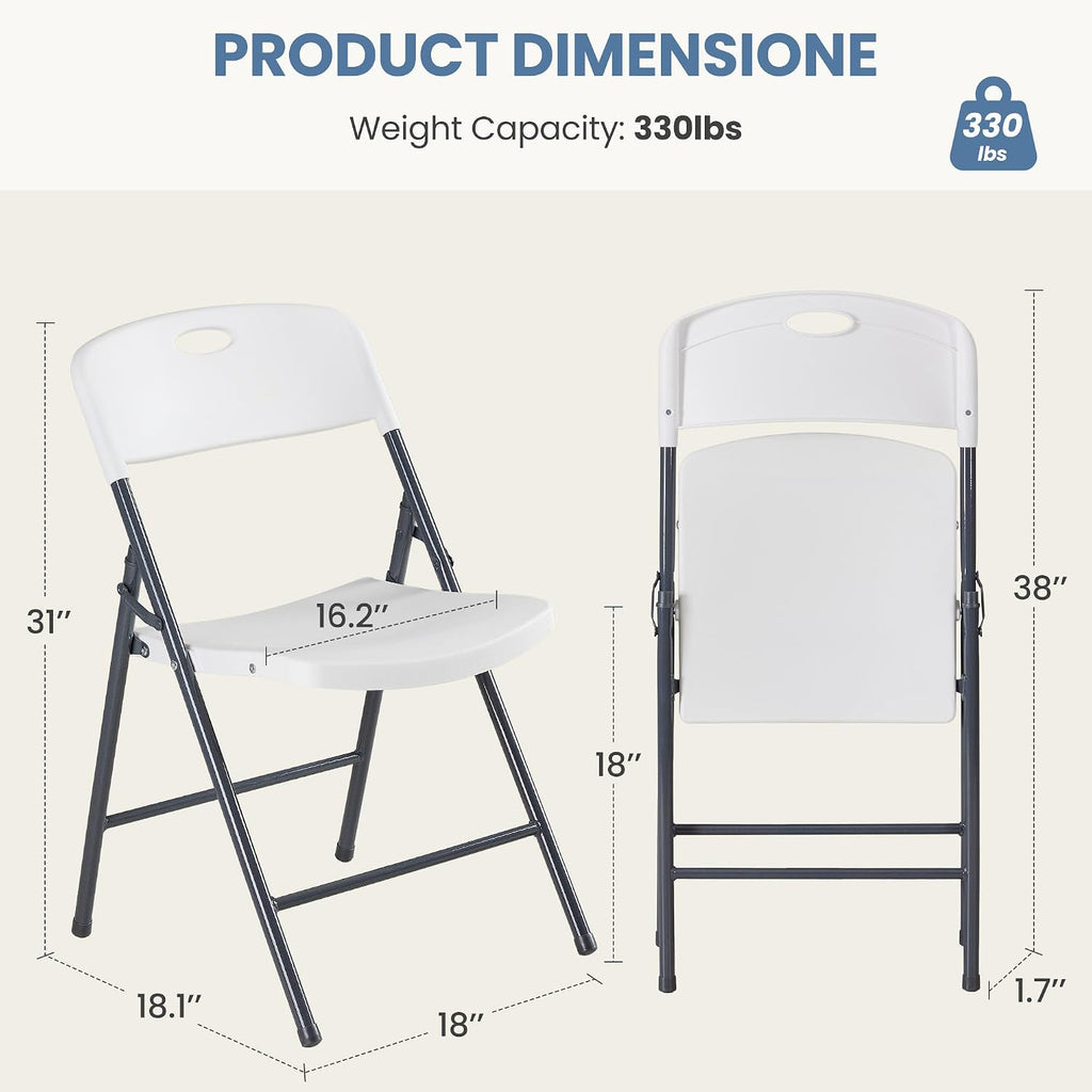 DUMOS 2 Pack White Folding Chairs, Plastic Portable Stackable Dining Chairs with Metal Frame, for Indoor Outdoor, for Home and Office, Conference, Party, Event, Wedding, Birthday, White