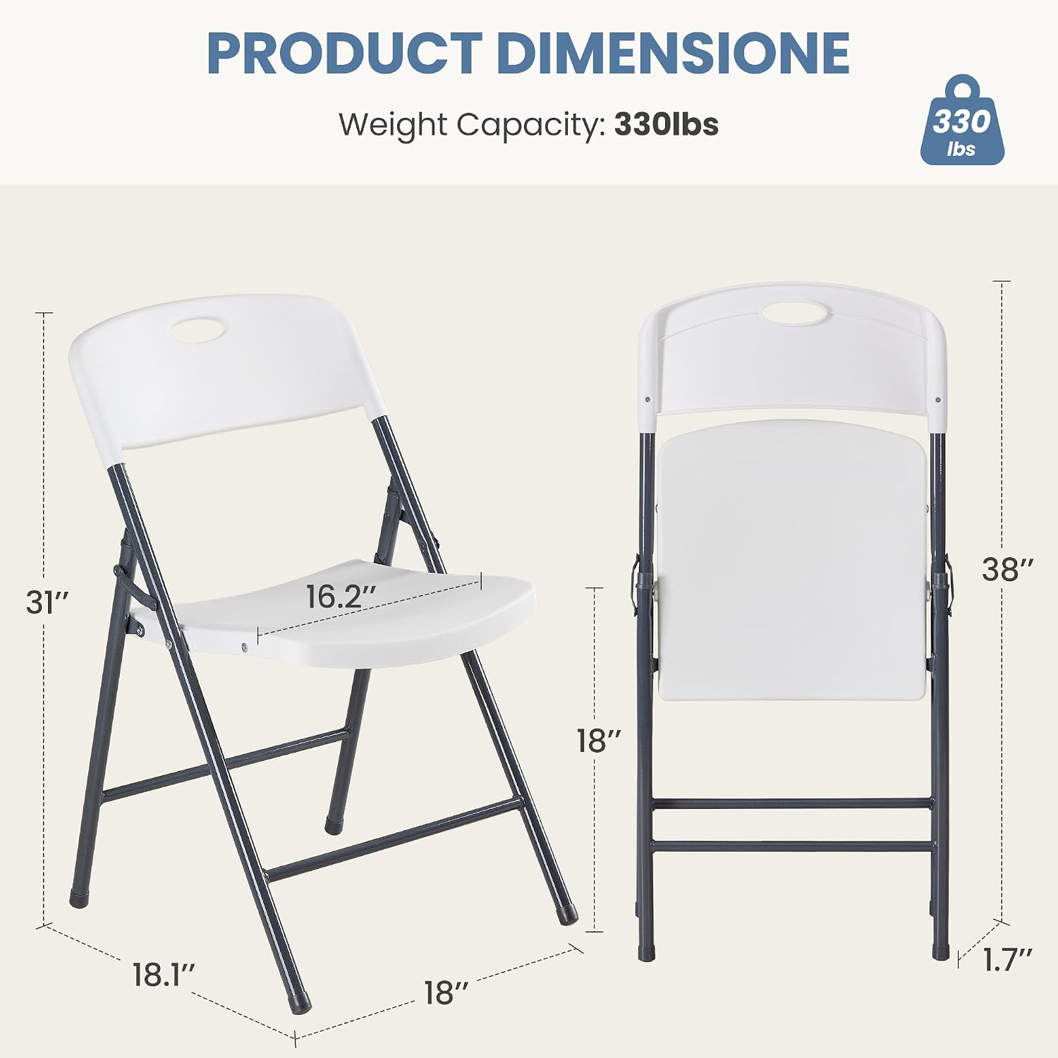 DUMOS 2 Pack White Folding Chairs, Plastic Portable Stackable Dining Chairs with Metal Frame, for Indoor Outdoor, for Home and Office, Conference, Party, Event, Wedding, Birthday, White