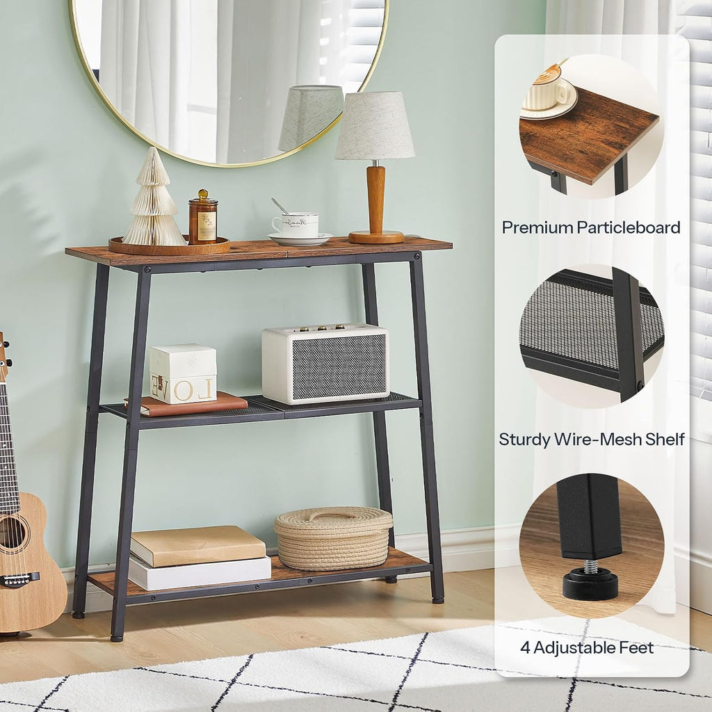 HOOBRO Narrow Console Table, 3-Tier Small Entryway Table with Storage Shelves, Behind Couch Sofa Table, Hallway Table for Entryway, Foyer, Hallway, Living Room, Rustic Brown and Black BF62XG01