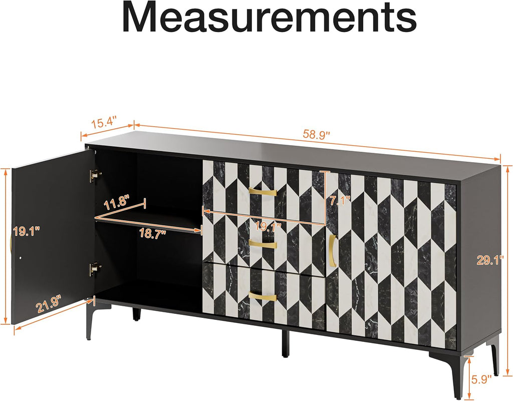 Anbuy Marble Buffet Cabinbet with Storage and 3 Drawers Sideboard Faux Marble Doors Buffet Dining Room Hallway Cupboard Console Table, Liquor/Accent Cabinet(Black)