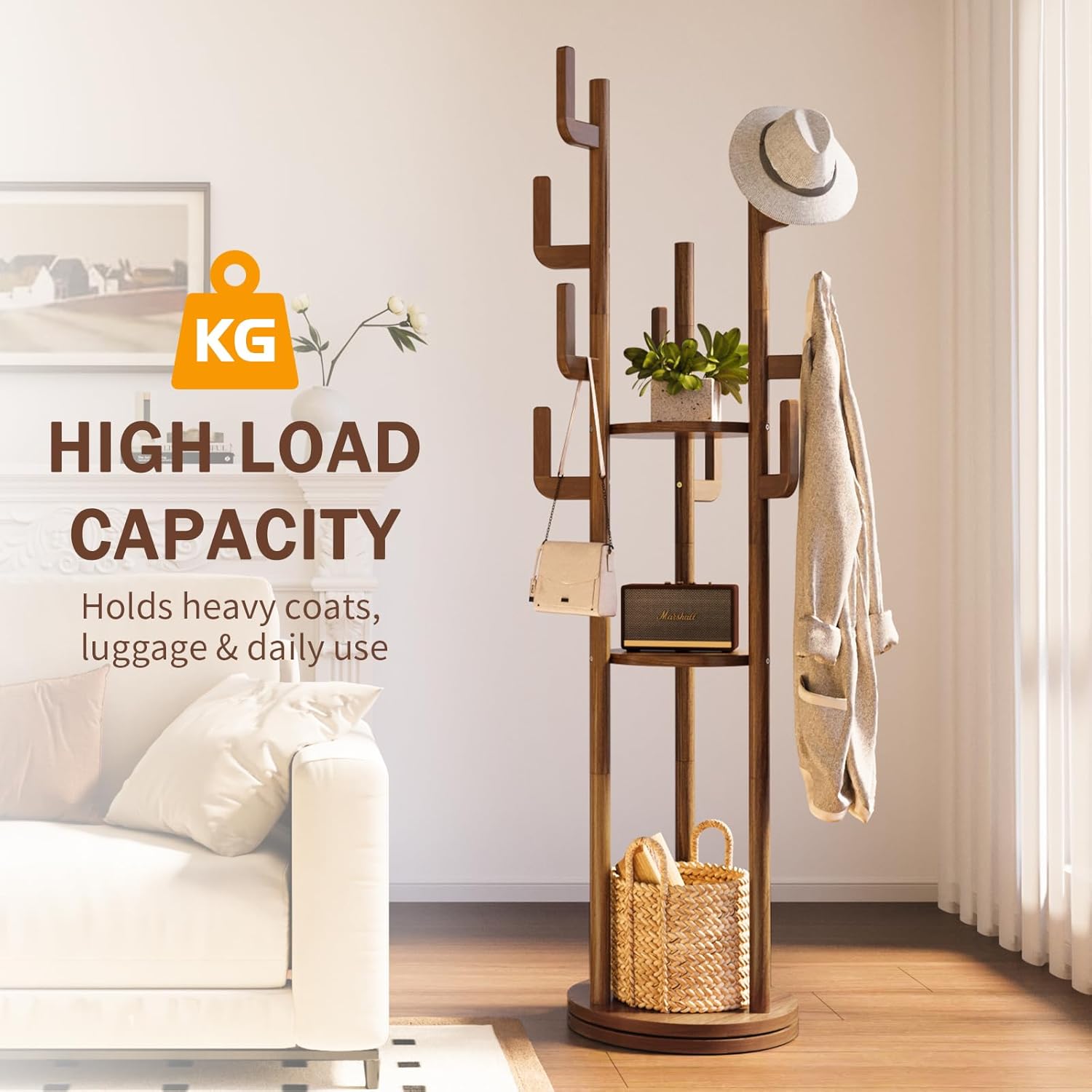 Rotary Coat Rack Freestanding, Solid Wood Coat Tree with 9 Hooks & 3 Storage Shelves for Purse Bag Hat Jacket, Corner Hanger Stand for Entryway Hallway Office Bedroom