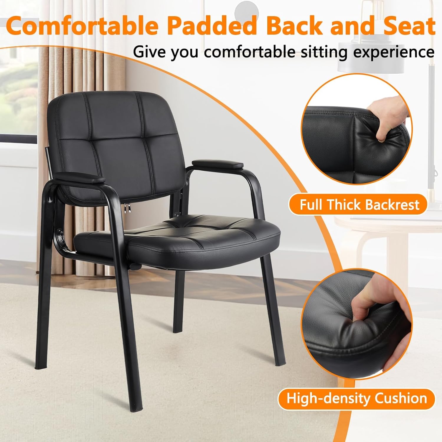 CLATINA Office Reception Guest Chair with Bonded Leather Padded Arm Rest, Ergonomic Guest Chair for Waiting Room Lobby Meeting Church Conference School, Black, 2 Pack
