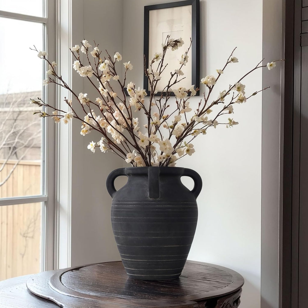 Handmade Large Black Vase - 10" Tall Terracotta Vases with 4 Ear Design, Wide Mouth Vintage Vases, Rustic Antique Decor Matte Black Ceramic Vase for Home Decor, Living Room, Table, Fireplace Decor