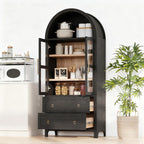 71" Tall Arched Kitchen Pantry, Modern Farmhouse Storage Cabinet with 2 Glass Doors, Adjustable Shelves, Rustic Wood Cupboard with 2 Drawers for Kitchen, Dining Room, Black