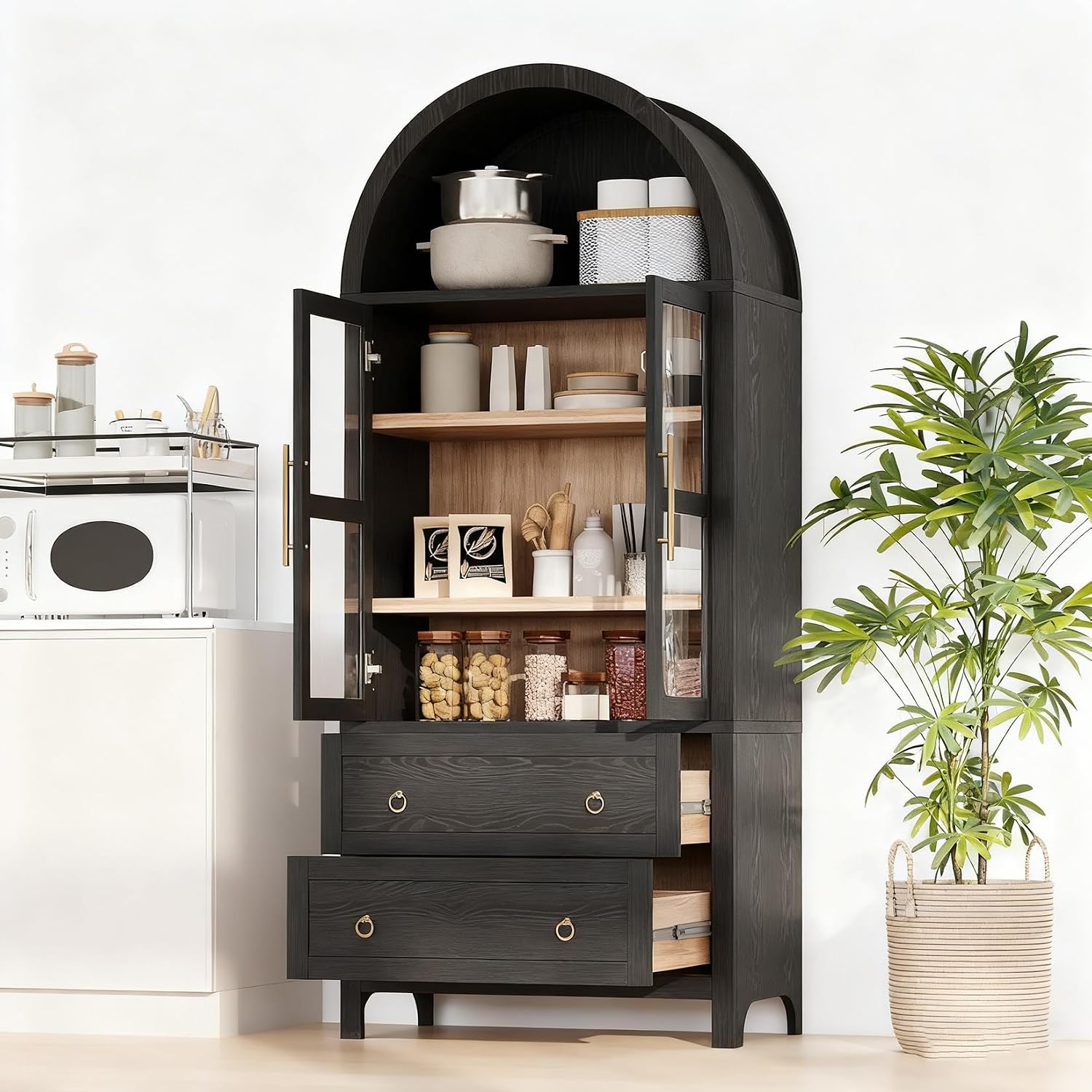 71" Tall Arched Kitchen Pantry, Modern Farmhouse Storage Cabinet with 2 Glass Doors, Adjustable Shelves, Rustic Wood Cupboard with 2 Drawers for Kitchen, Dining Room, Black