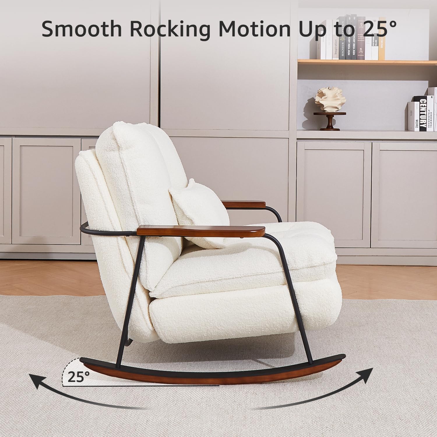 zyz Oversized Nursery Rocking Chair with Pillow, Teddy Upholstered Rocker Chair with Solid Wood & Steel Frame, 25° Gentle Rocking Accent Chair with DIY Ottoman Footrest for Living Room Bedroom, White
