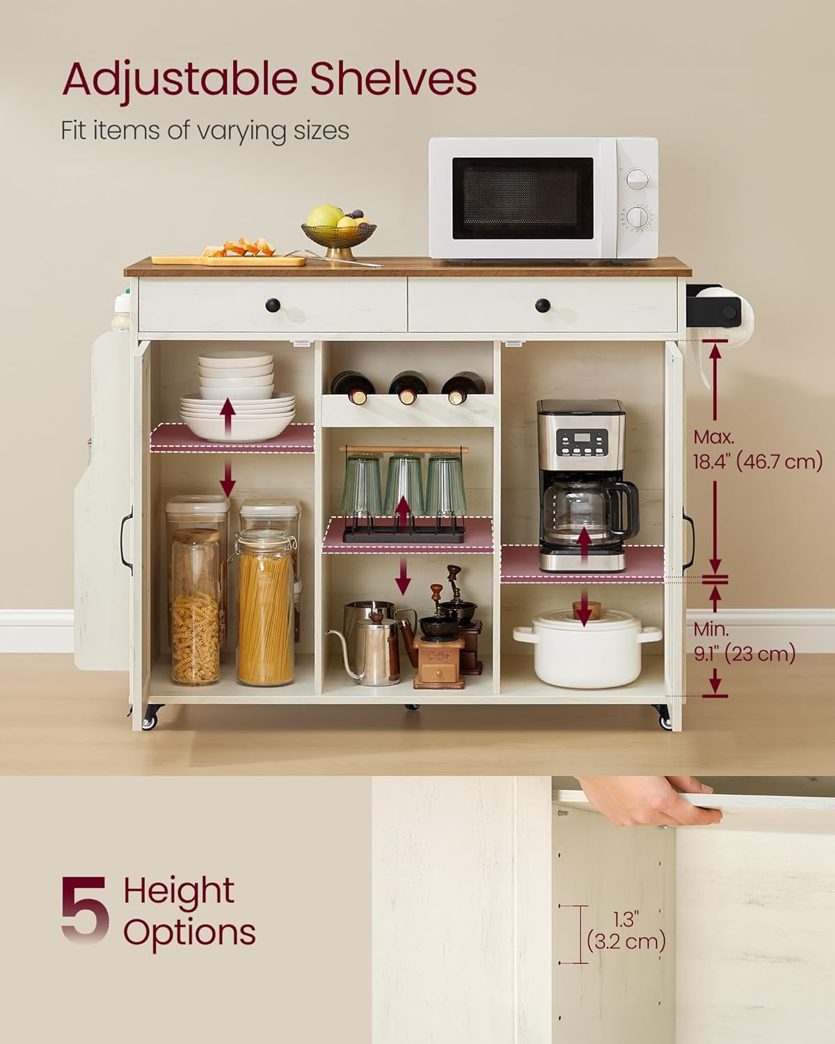 VASAGLE Mobile Kitchen Island with Drop Leaf, Portable Island with Spice Rack, Mobile Cart with Storage Cabinet, 17.7-28.7 x 49.3 x 36 Inches, for Dining Room, Rustic White and Honey Brown UKKI012W01