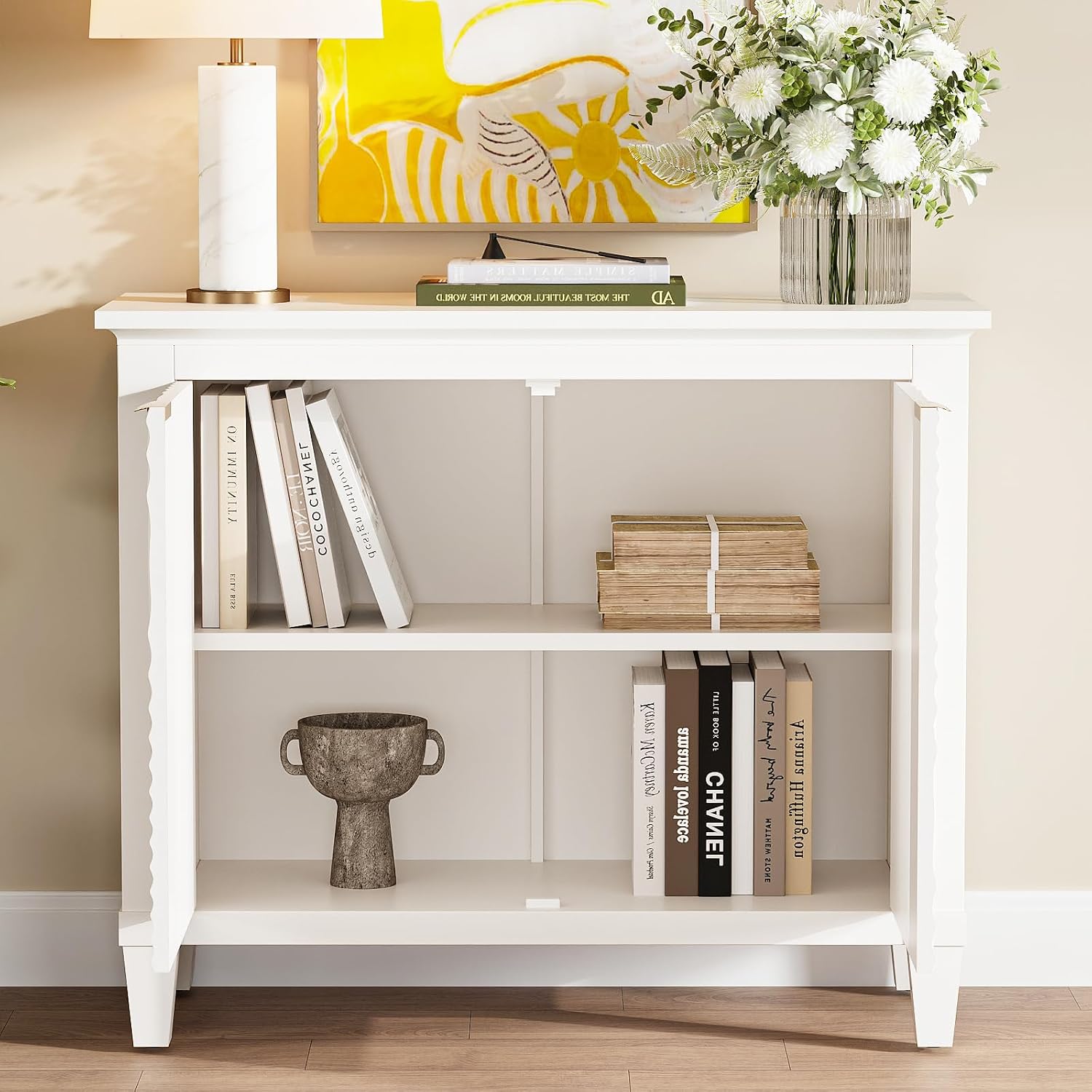 40" Coffee Bar Cabinet with Shelf, Craft Storage Cabinet with Doors, Wood Cabinet, Charming Carved Motif, Entry Way Cabinet with Storage, Sideboard Buffet for Living Room (Annual rings, White)