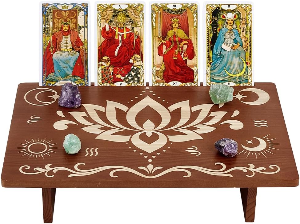 PH PandaHall Altar Table, 11.8"x7.8" Rectangle Wooden Meditation Table Engraved Flower Star Moon Patterns Wiccan Tables for Room Engraved Mystic Decor Witchcraft Supplies Buddhist Alter