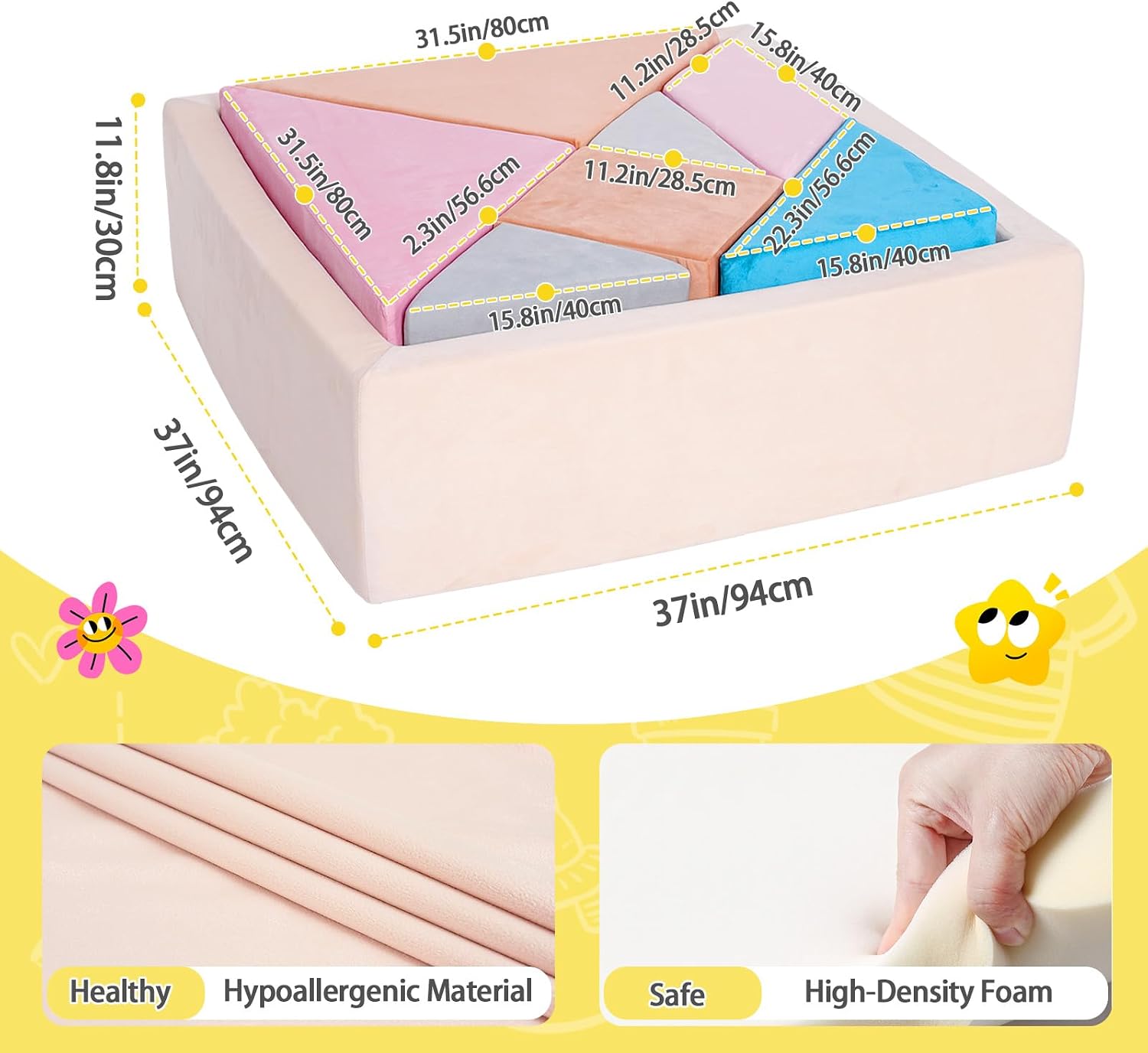 Tangram Puzzles Modular Kids Play Couch Building Fort, Children Explorer Sofa with Ball Pit, Kids playroom Convertible Furniture for Inspiring Child Creativity, Made Entirely of Sponge (Pink Series)