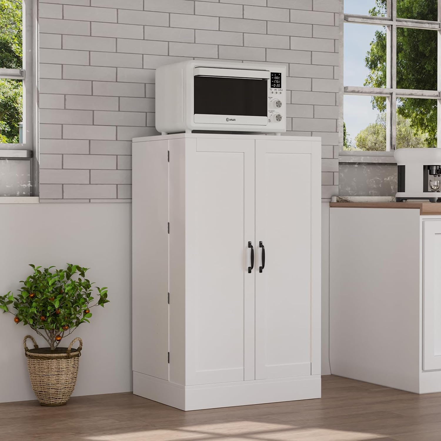 VINGLI Pantry Cabinet, White Kitchen Storage Cabinet with 2 Doors and Adjustable Shelves, 40.5" H Food Storage Freestanding Cupboard for Small Space in Dining Room, Living Room