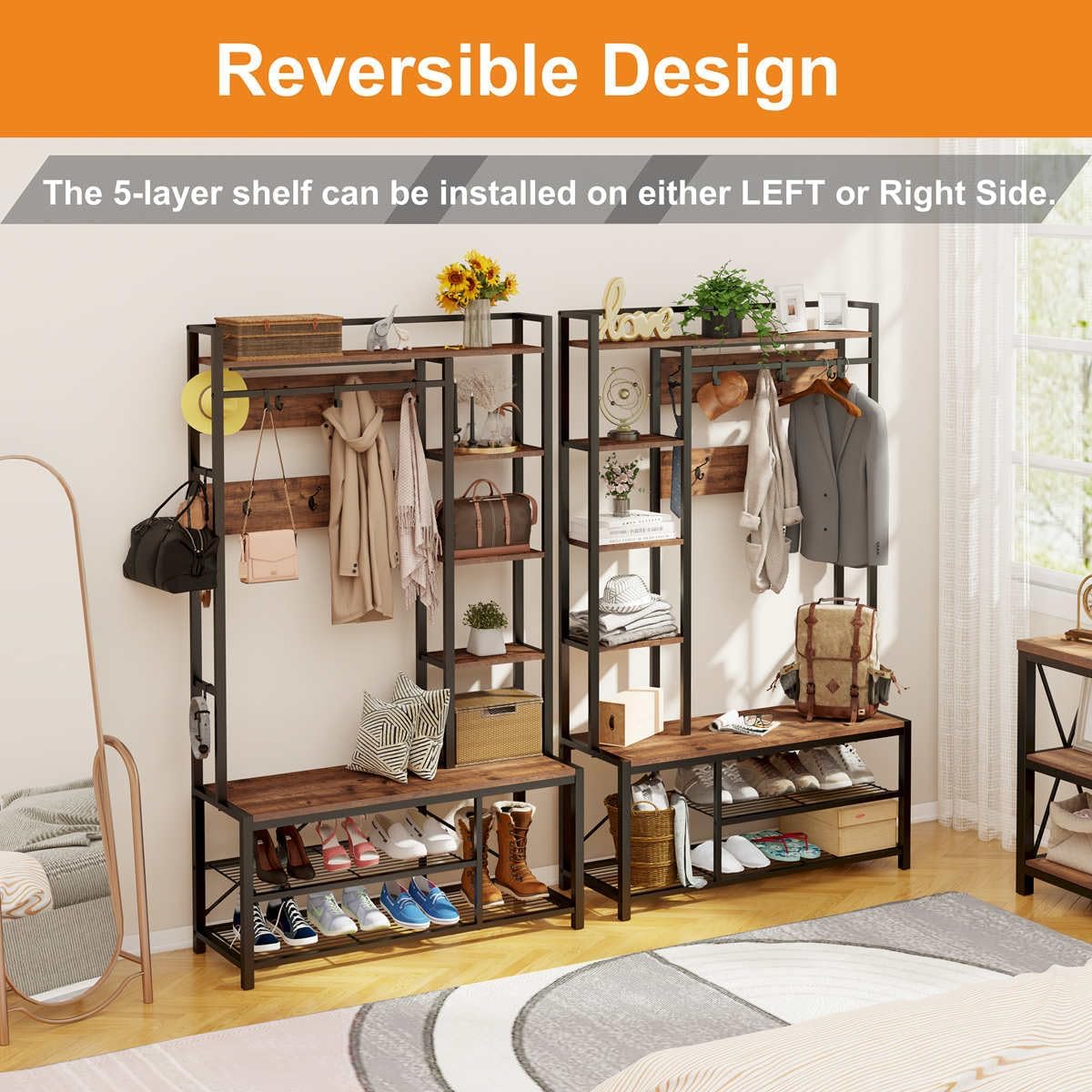 BON AUGURE Hall Tree with Shoe Storage, 5-in-1 Reversible Entryway Bench with Coat Hooks for Hallway, Rustic Wood and Metal Coat Rack with Shelves for Mudroom (Rustic Oak)