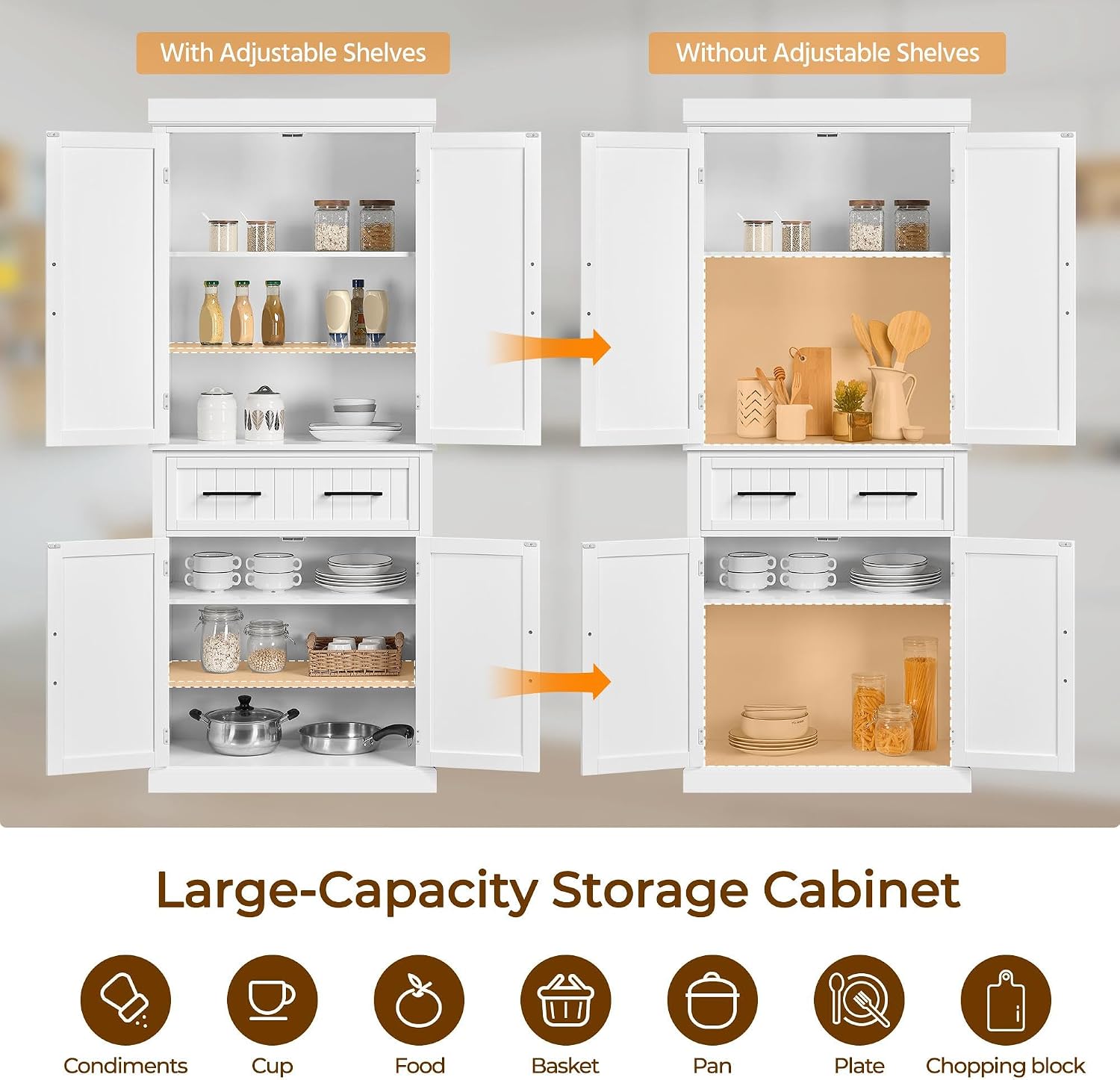 Yaheetech Kitchen Pantry Storage Cabinet with 4 Doors and 2 Adjustable Shelves, 72.5" Freestanding Tall Cupboard Cabinet with Drawer for Dining/Living Room, White