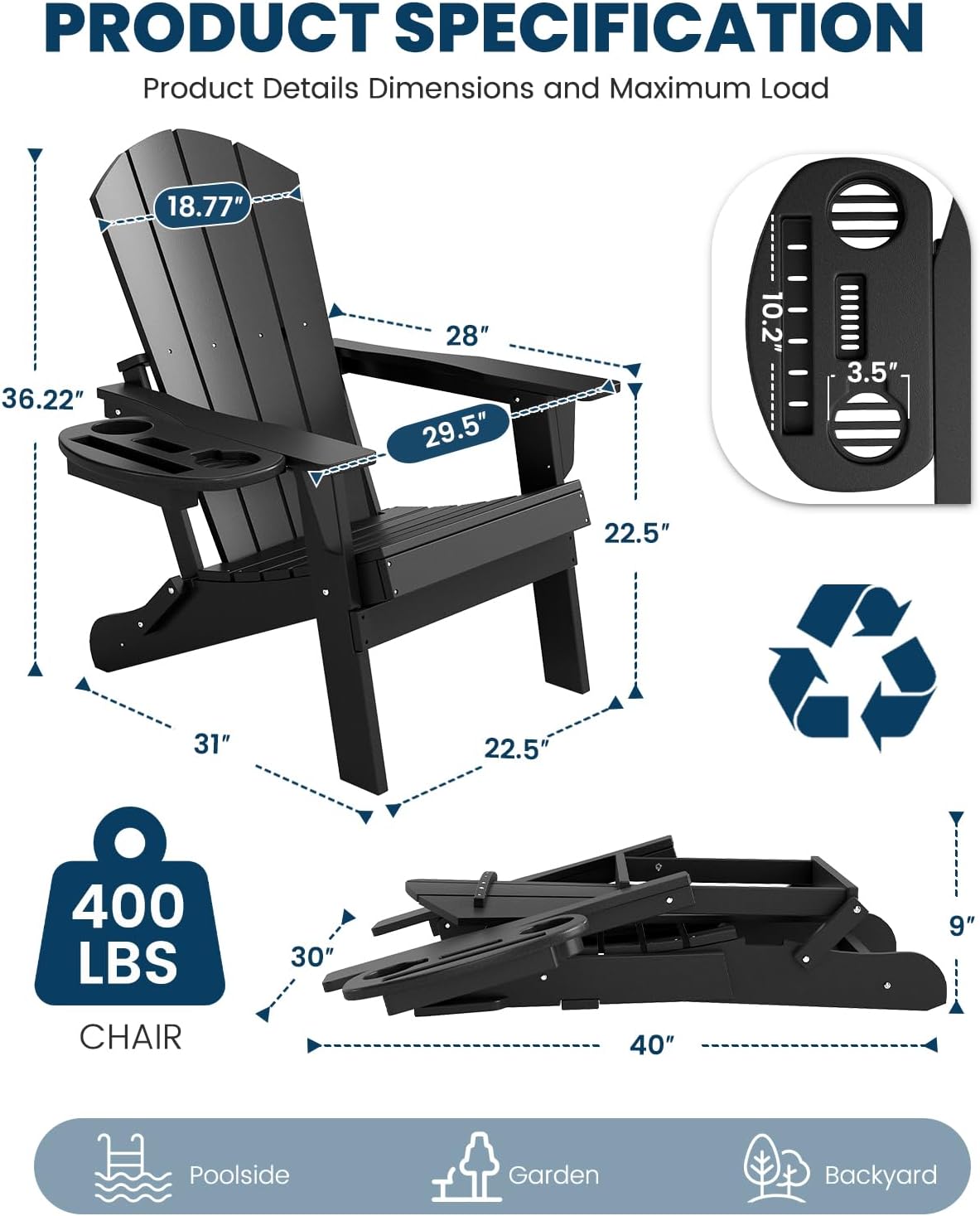 FOOWIN Folding Adirondack Chair Set of 4, HDPE Adirondack Chairs with Cup Holder, Weather Resistant Plastic Fire Pit Chairs for Outdoor, Patio, Lawn, Garden, Backyard, Deck, Black