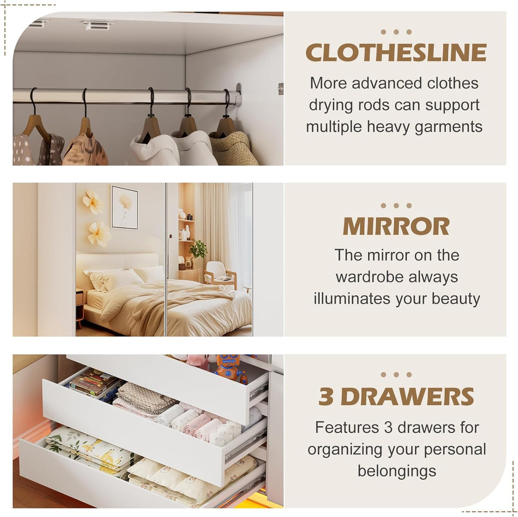PAKASEPT 3 Doors Armoire Wardrobe Closet, 72.83" H Bedroom Armoires | Clothing Storage Cabinet with Mirror & Lights, 3 Drawers, Hanging Rod & Shelves for Bedroom