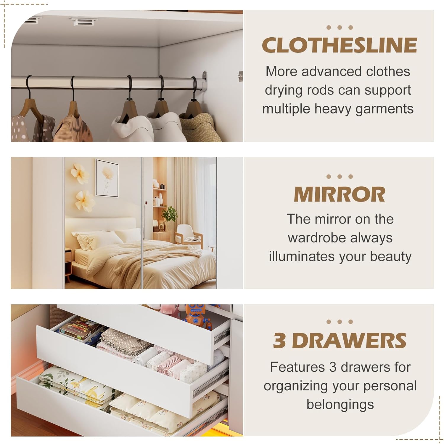 PAKASEPT 3 Doors Armoire Wardrobe Closet, 72.83" H Bedroom Armoires | Clothing Storage Cabinet with Mirror & Lights, 3 Drawers, Hanging Rod & Shelves for Bedroom