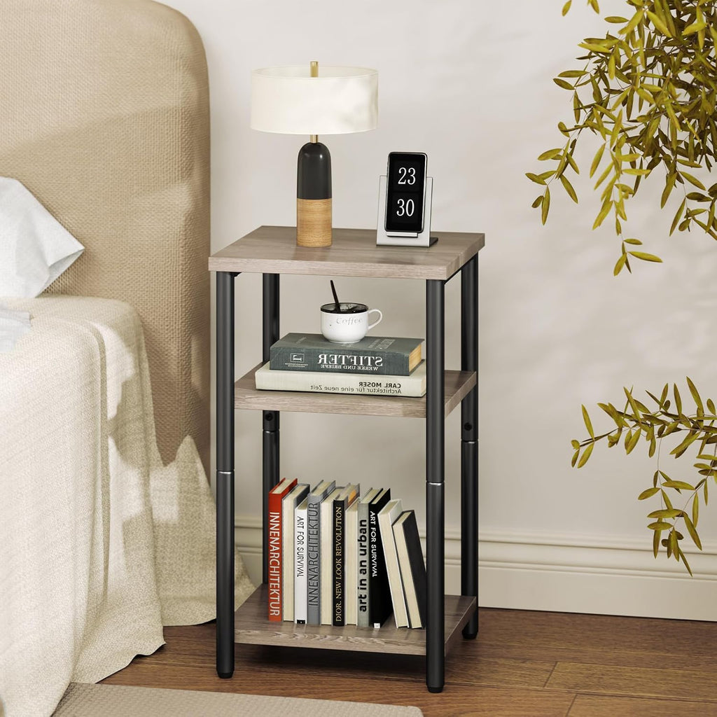 OLIXIS End Table, Small Side Table for Small Spaces, 3 Tier Tall Bedside Table with Open Shelf and Adjustable Feet for Living Room, Bedroom, Office, Dorm, Apartment, Oak Grey
