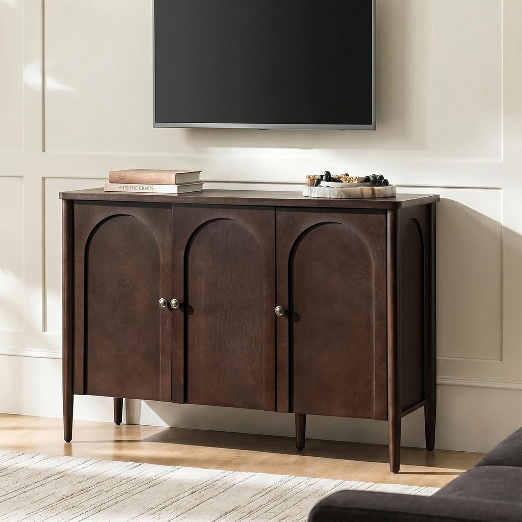 HULALA HOME Solid Wood Sideboard Cabinet with Storage, 47" Sideboard with Arched Doors & Adjustable Shelves, Media Console, Transitional Buffet Cabinet, Auburn