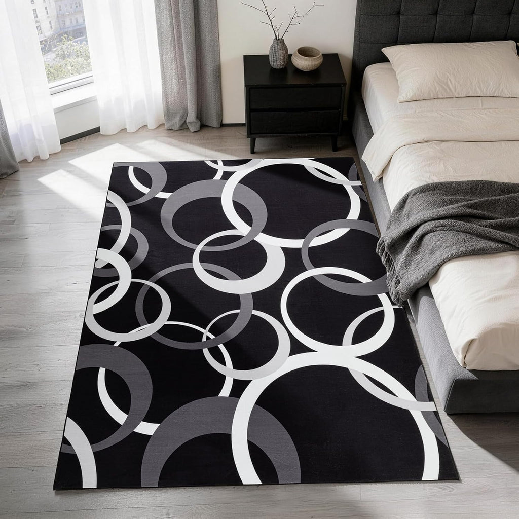 YIHOUSE Washable 5x7 Area Rugs for Living Room, Modern Black and White Rug for Bedroom Non Slip Low Pile, Modern Circle Pattern Carpet for Dining Room Playroom Home Office Decor