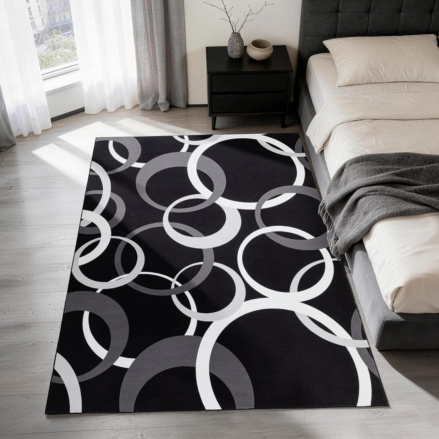 YIHOUSE Washable 5x7 Area Rugs for Living Room, Modern Black and White Rug for Bedroom Non Slip Low Pile, Modern Circle Pattern Carpet for Dining Room Playroom Home Office Decor