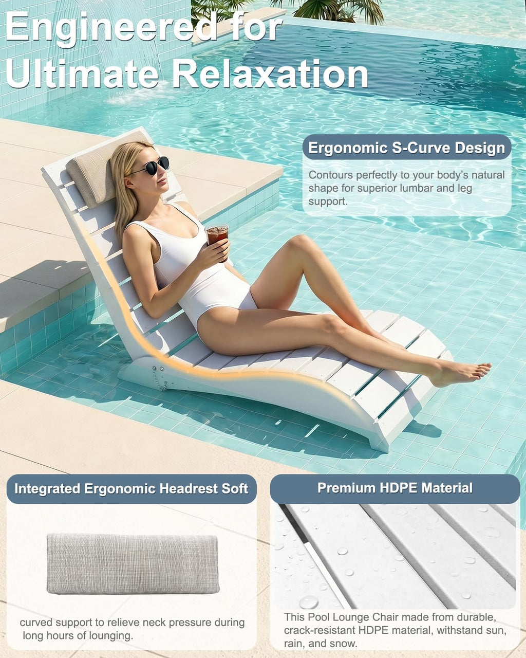 NAVINE Pool Lounge Chairs Set of 2, HDPE Adjustable Chaise Chairs with Headrest, Weighted Fade-Resistant Pool Chairs and Lounger for Baja Ledge，Poolside and Deck, White