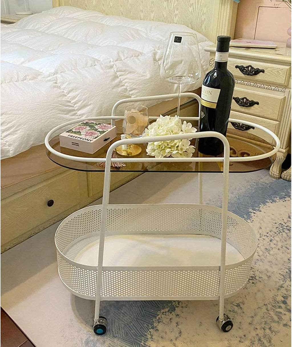 Double Layer Trolly Side Table, Metal Rolling Cart Storage Shelf, Side Table with Wheels, Small Spaces Bedside Table for Home Sofa Kitchen Living Room Bedroom